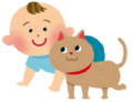 赤ちゃんが四つんばいで隣にいるネコと顔を見合わせているイラスト
