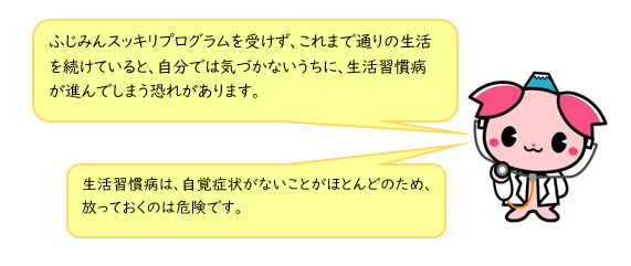 ふじみんスッキリプログラムを受けず、これまでと同じ生活を続けていると気づかないうちに、生活習慣病が進んでしまう恐れがあります。