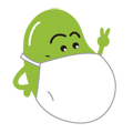 マスクをしてピースサインをしている黄緑色の豆のようなイラスト