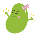 頭にピンクのリボンをつけて笑顔ではしゃいでいる黄緑色の豆のようなイラスト