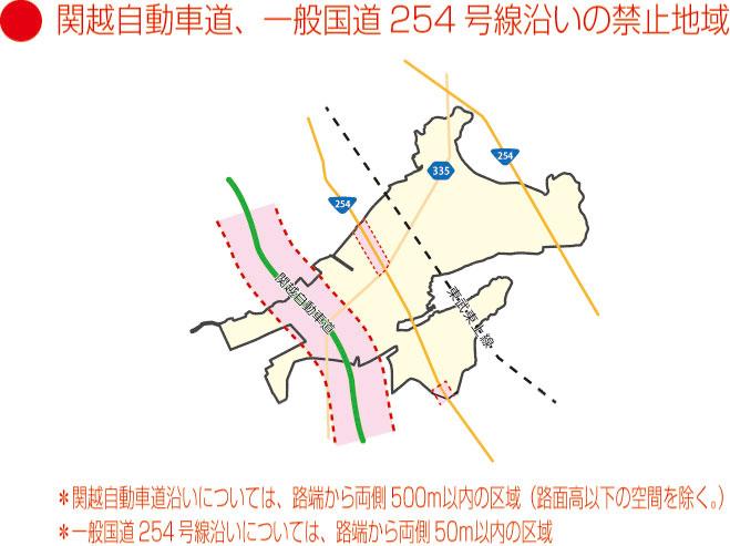 関越自動車道、一般国道254号線沿いの禁止地域は、関越自動車道沿いは路端から両側500メートル以内の区域、一般国道254号沿いは路端から両側50メートル以内の区域です。