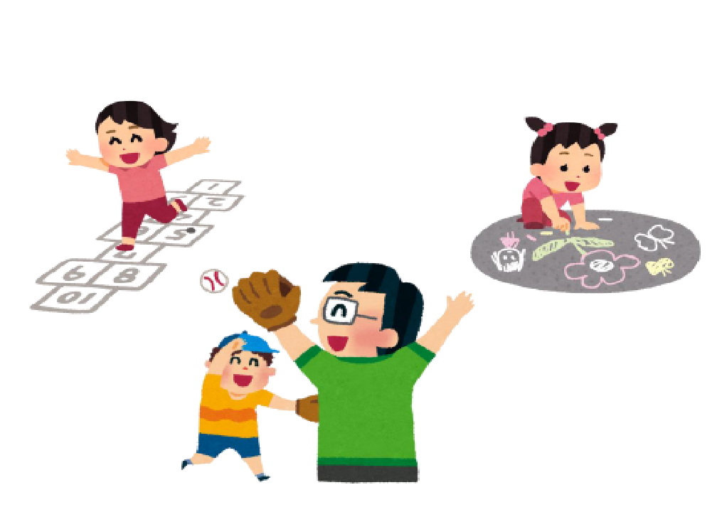 道路で遊ぶ人たちのイラスト