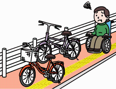 道路上に放置された自転車で通行を妨げられて困っている車いすユーザーのイラスト