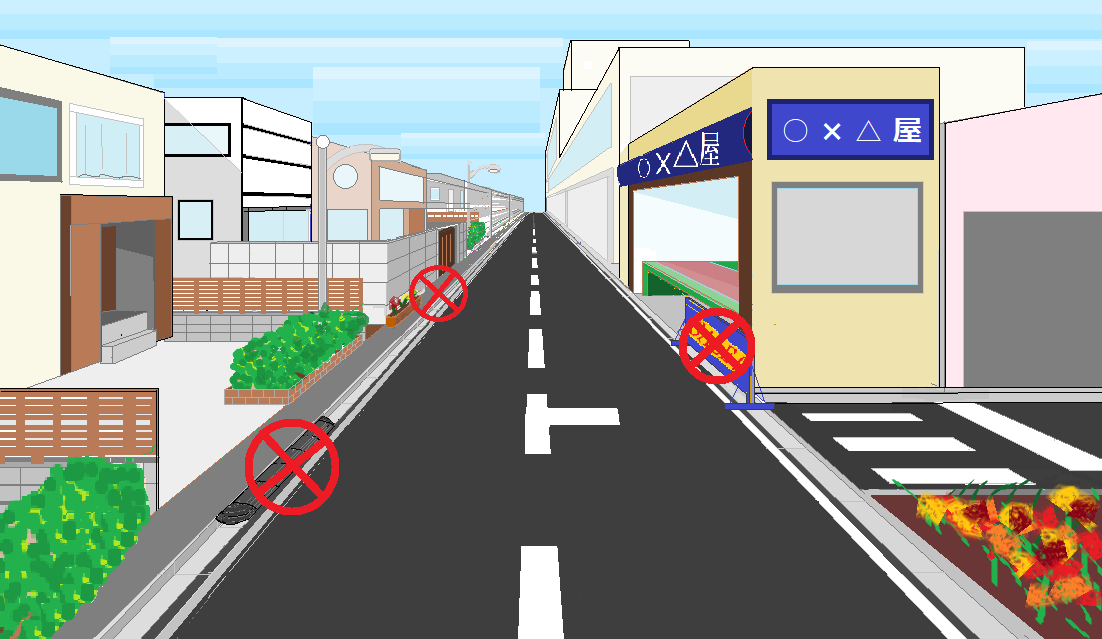 道路上に設置してはいけない物件の例段差解消用ステップ立看板プランター等