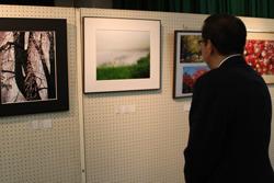 写真の作品が額に入って展示されており、市長が見ている写真