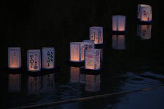 灯りの灯った灯篭が川に流されている写真
