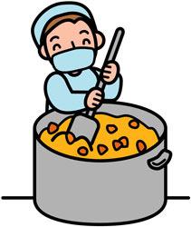 鍋をかき混ぜる給食センター職員のイラスト