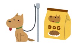 首輪でつながれた犬とドッグフードのイラスト