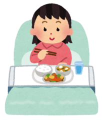 ベッドの上に座っている女性がベッドにかけられたテーブルの上に置かれた食事を食べようとしているイラスト
