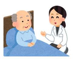 年配の男性がベッドに座っていて、女性の医師が問診をしているイラスト