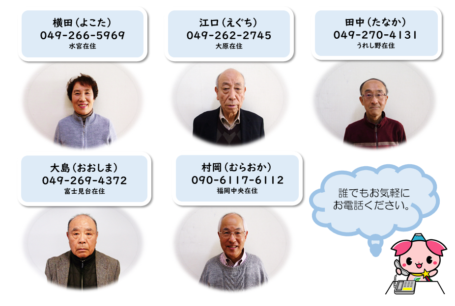 ごみ減量をすすめる会員名簿及び連絡先「横田さん（代表） 049-266-5969」「江口さん 049-262-2745」「田中さん 049-270-4131」「大島さん 049-269-4372」「村岡 090-6117-6112」