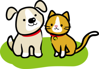 赤い首輪をつけた犬と猫が並んでいるイラスト