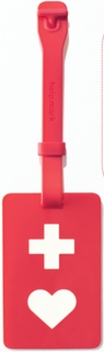 赤いストラップ付の白い十字マークとその下に白いハートマークが記載された縦長長方形の赤い札のヘルプマークの写真