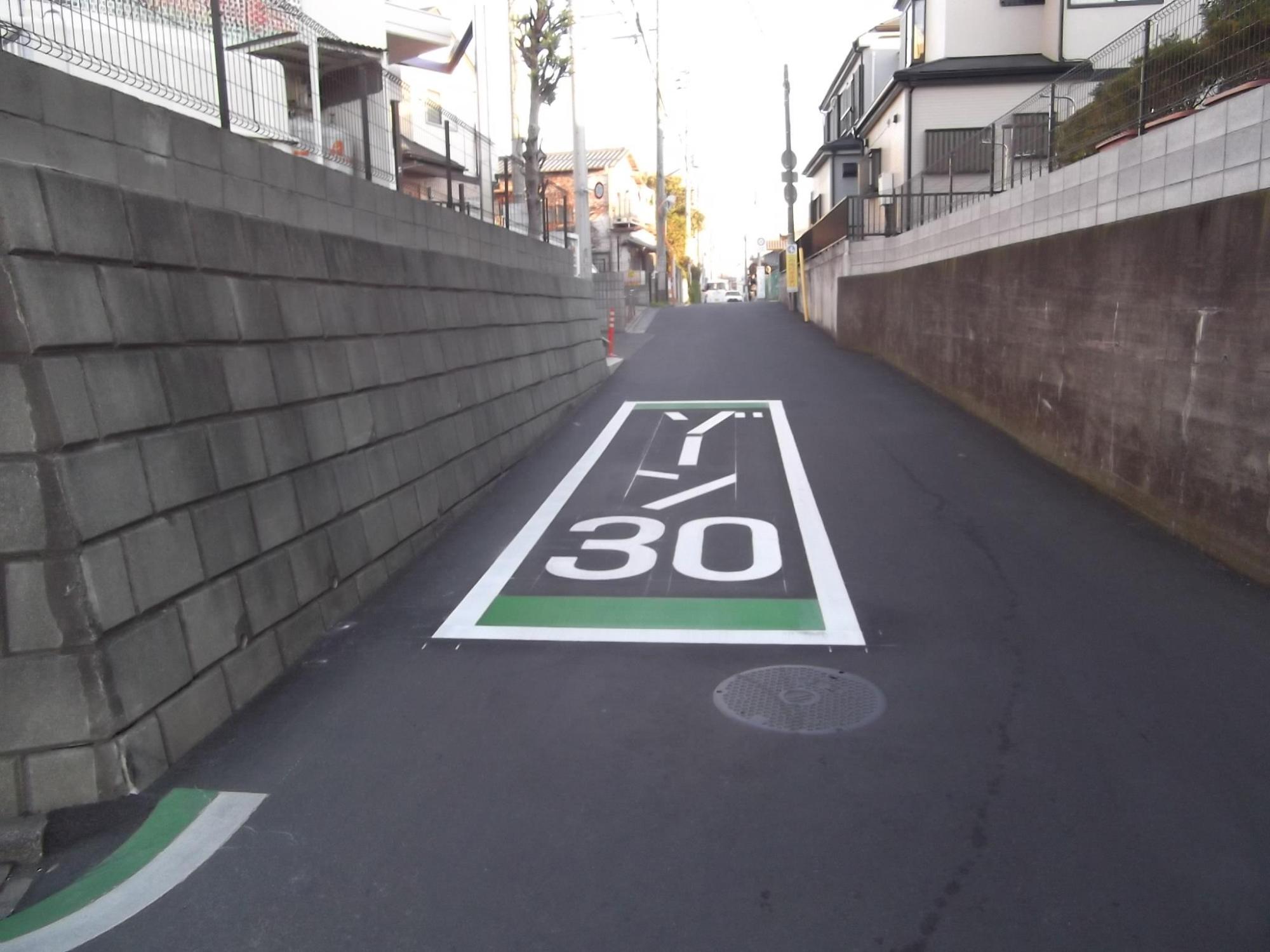 ふじみ野市で区域規制「ゾーン30」による交通安全対策施工後に「ゾーン30」の文字が設置された舗装道路の画像