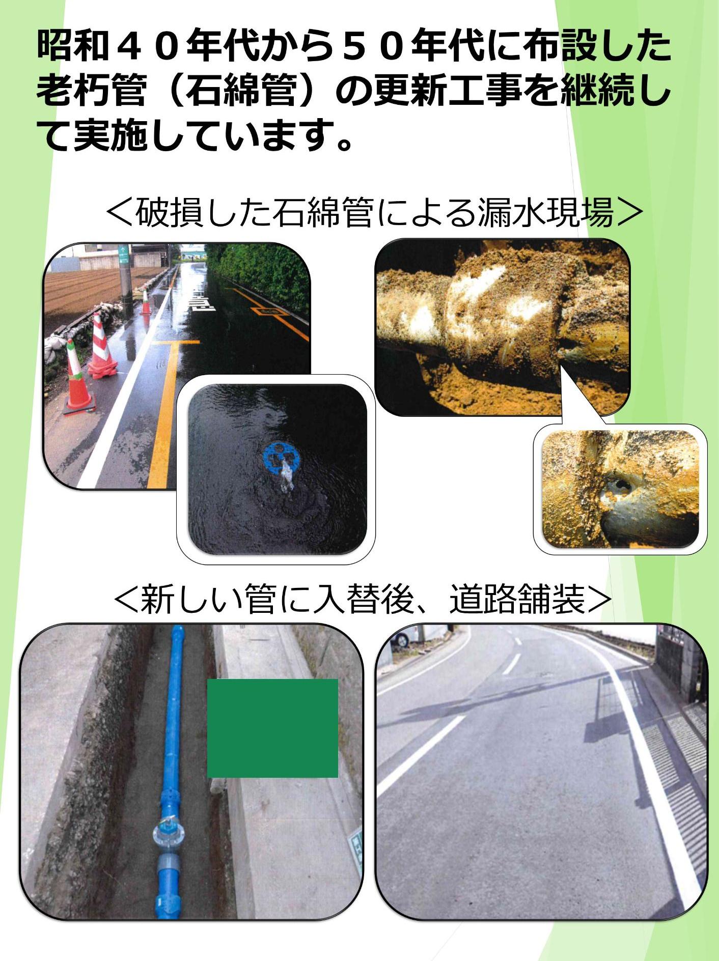 昭和40年代から50年代にかけて布設した老朽管(石綿管)の更新工事を継続して実施しています。破損した石綿管による漏水現場。新しい管に入替後、道路舗装。