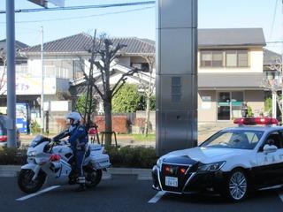 警察官がパトカーと白バイに乗って並んでいる写真