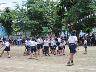 玉入れの競技が行われており、青チームの児童が棒の先端に付けられている網のかごに向かってボールを投げている写真