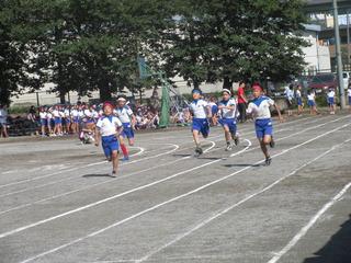 徒競走が行われており、児童がゴールを目指して走っている写真
