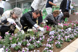 植栽式に参加された方々が市長と一緒に花壇に花を植栽している写真