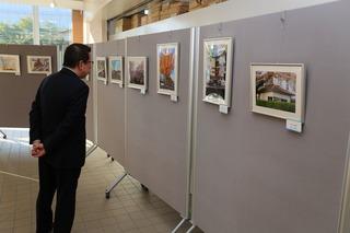 写真コンテスト応募作品が沢山展示されており、市長が作品を見ている写真