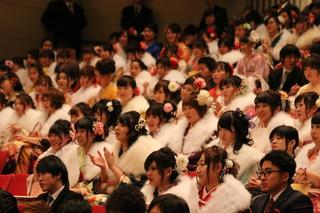 振袖を着て綺麗な花飾りを付けた沢山の新成人の方々が客席に座っている様子の写真