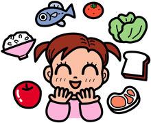 笑顔の少女の周りに様々な食材が描かれているイラスト