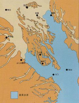 縄文時代中期の東京湾の地形を描いた地図の写真