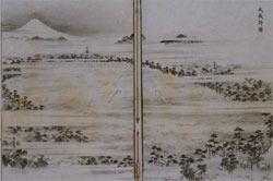 江戸時代に描かれた、武蔵野の原野が亀久保村から西、富士山の方角に広がっている様子が分かる武蔵野図の写真