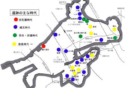 ふじみ野市の地形図に主な遺跡の場所が示された地図のイラスト