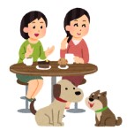 テーブルに座る女性2人と犬2匹が仲良くしているイラスト