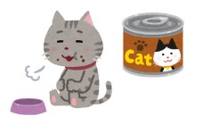 猫缶を食べ満腹になっている猫のイラスト